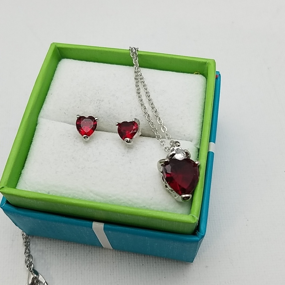 Heart Shape Garnet Faux Silver Earrings & Necklace